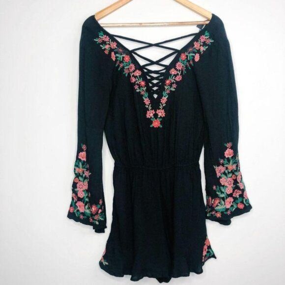 American Eagle Outfitters Pants - American Eagle Embroidered Lace Up Floral Rose Romper Jumper Flare Long Sleeve
